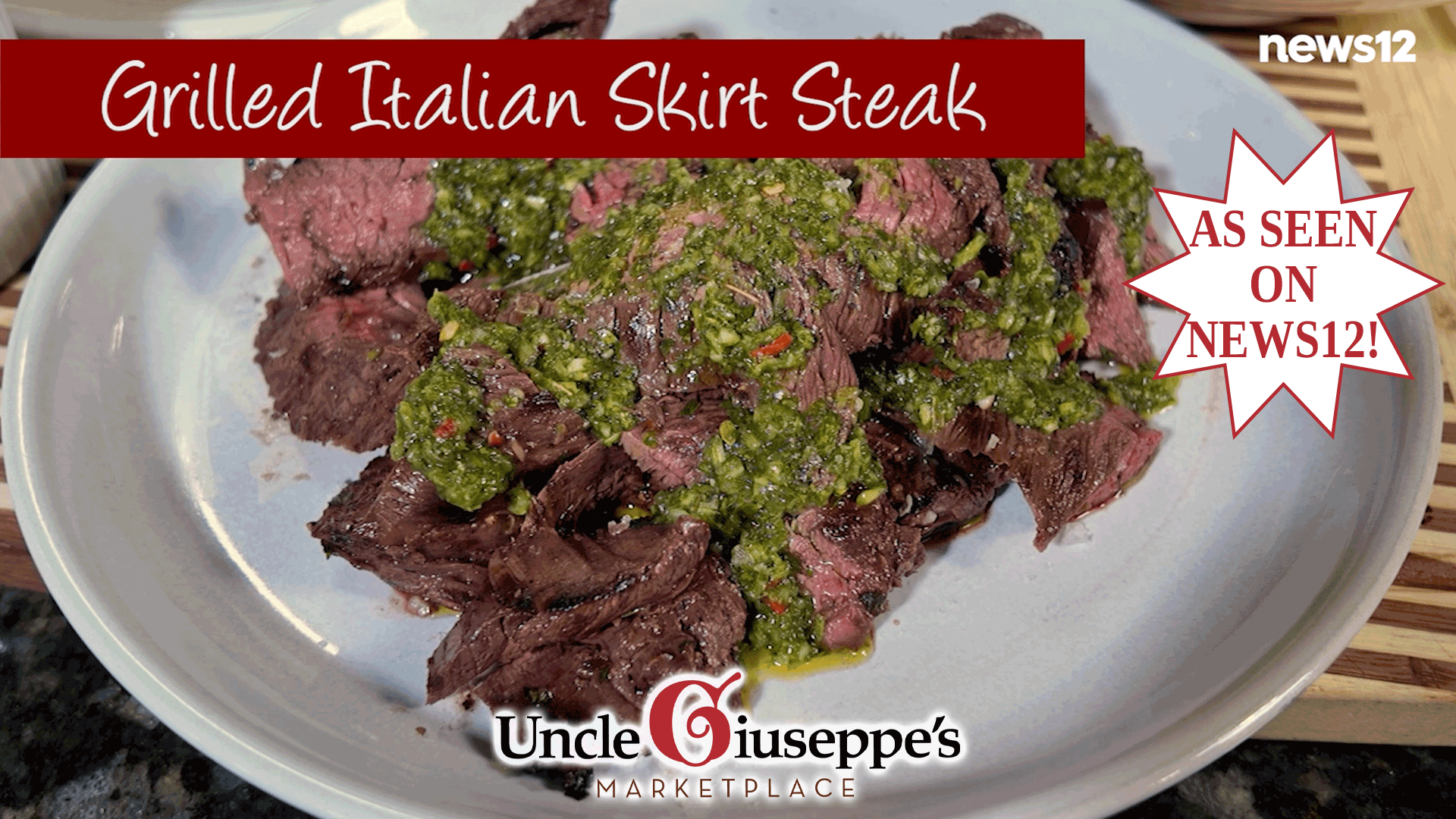 Grilled skirt steak with parsley chimichurri on a white plate set on a wood cutting board