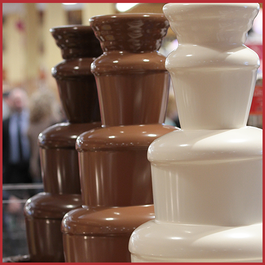 Three chocolate fountains in Uncle Giuseppe's candy department