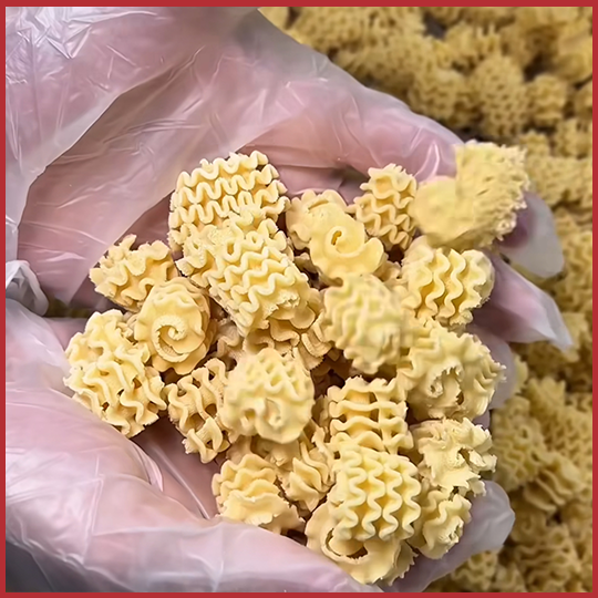 Fresh radiatore pasta held in workers gloved hands
