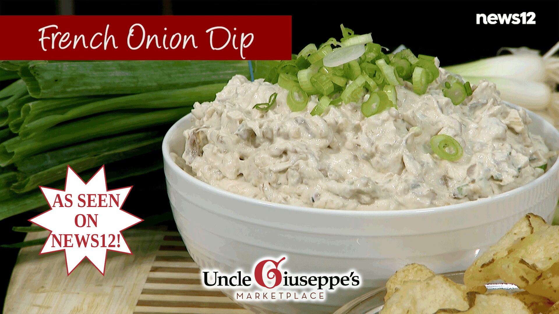 French onion dip topped with scallion in a white bowl with green onions surrounding it
