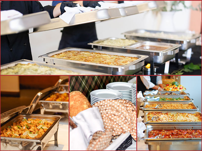 Collage with several buffet trays and set ups