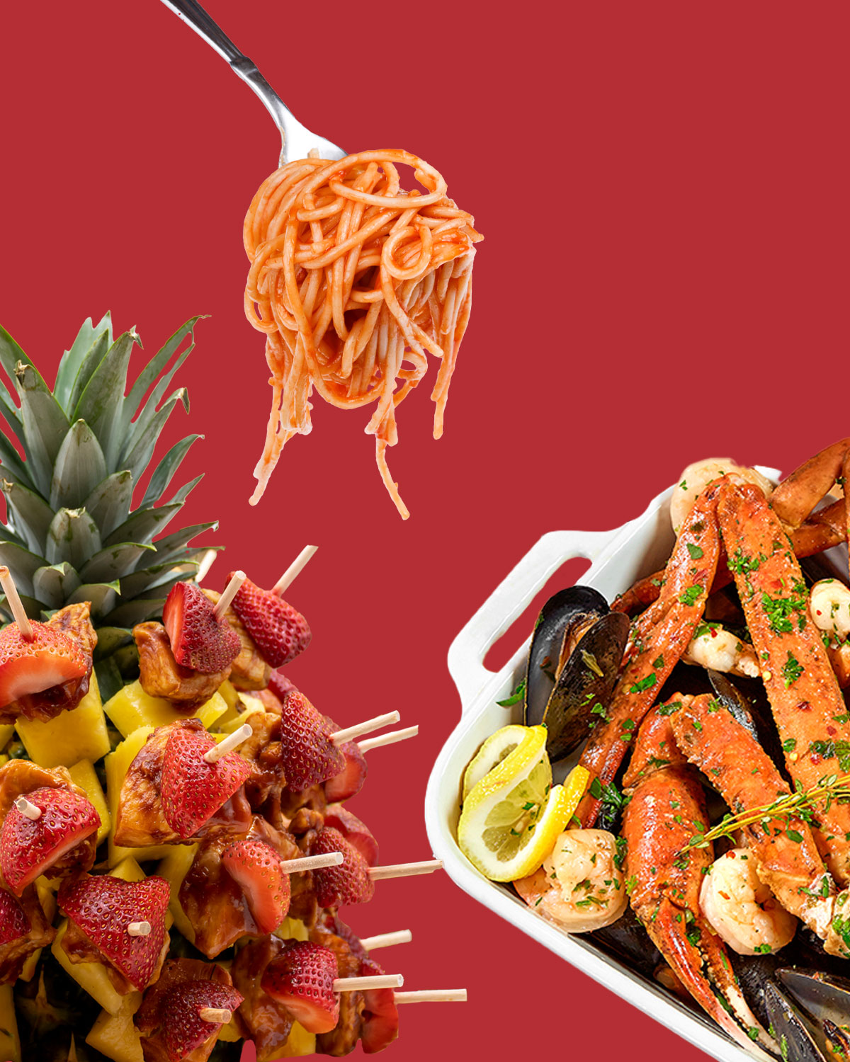 Red background with chicken pineapple and seafood bake and spaghetti on a fork