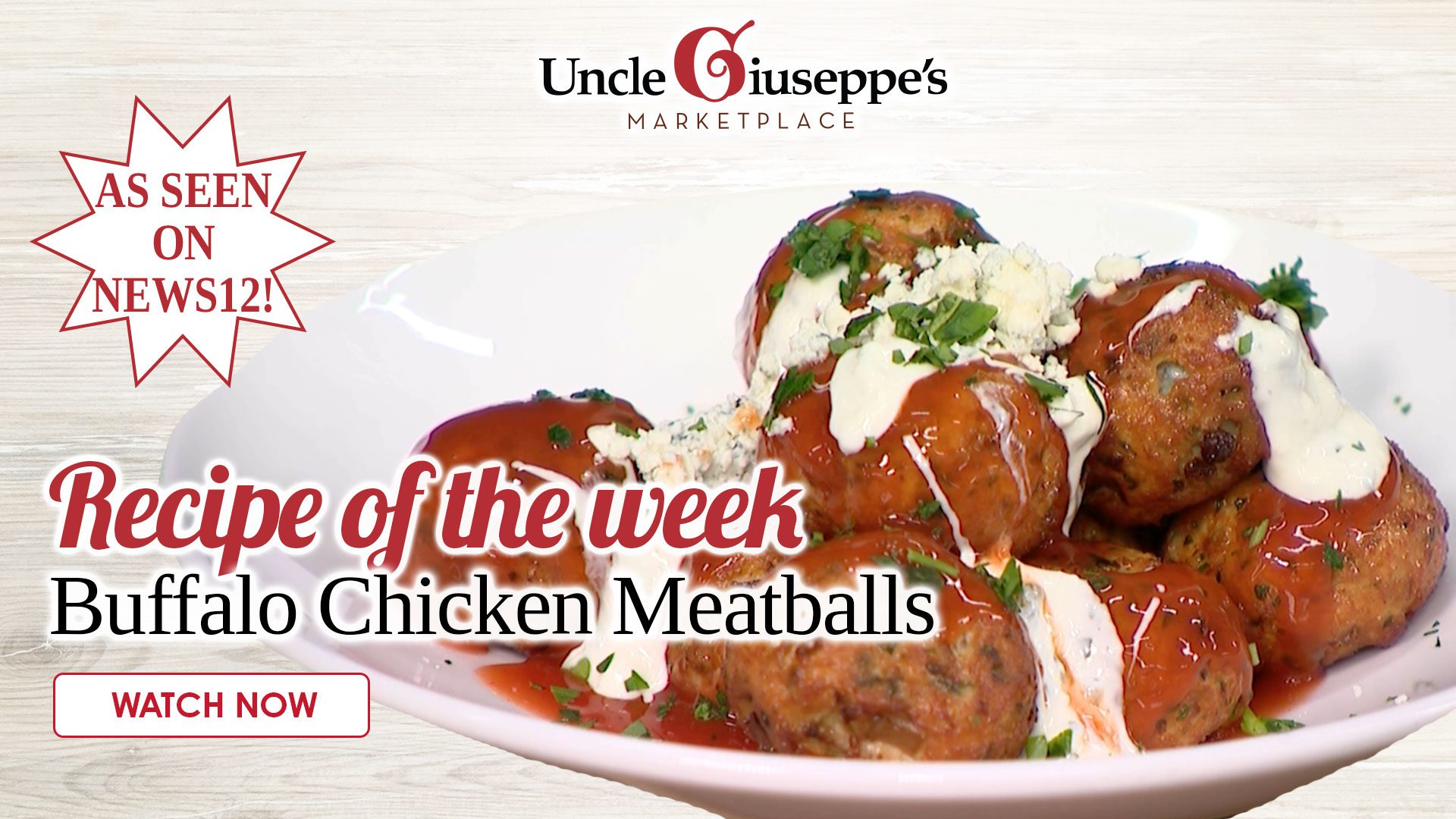 Buffalo chicken meatballs game day appetizer on white plate with hot sauce and blue cheese dressing garnish