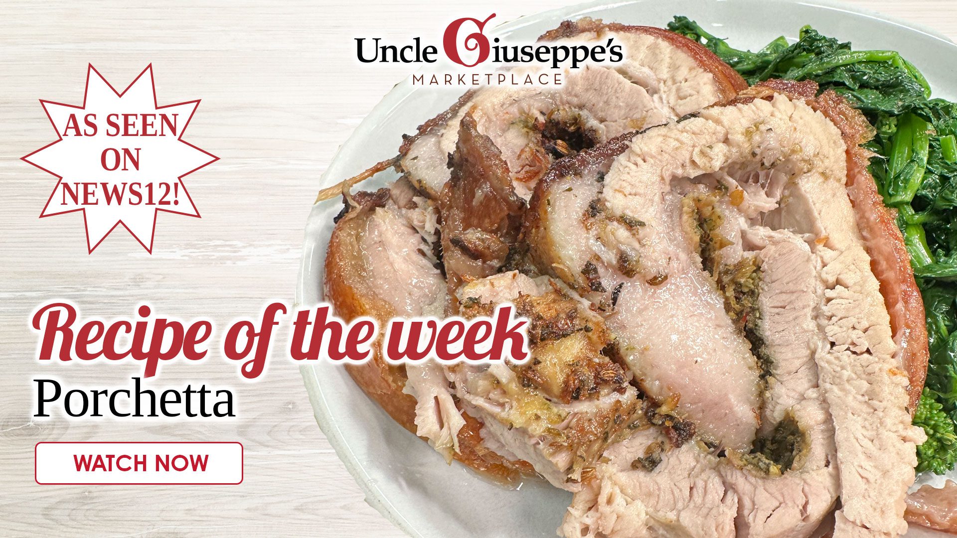 Sliced rolled pork porchetta stuffed with Italian ingredients with broccoli rabe on a white plate on a white background